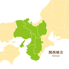 日本の関西地方、関西地方の各県と周辺の地図 - obrazy, fototapety, plakaty