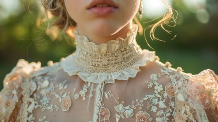 A sleek, Baroque-influenced look with a lace dress accented with floral embroidery and a pleated collar. A romantic atmosphere permeates the country manor's garden. - obrazy, fototapety, plakaty