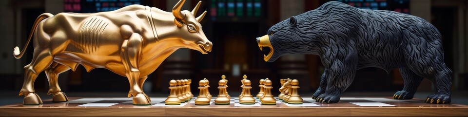 Stock Market Battle Concept with Bull and Bear Chess Pieces on a Bar Counter