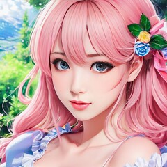 AI generative image of Realistic anime girl with pink hair and blue flowers adorning her