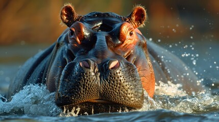 A hippopotamus swims gracefully in a river, its head visible above water, seeking relief from the...