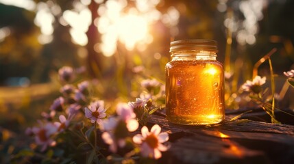 Golden honey in a jar that sparkles in the sunlight. As an antibacterial and anti-inflammatory agent, it is made from the nectar of flowers. - obrazy, fototapety, plakaty