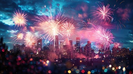 Obraz premium A shot of a city skyline lit up with vibrant colored lights and fireworks bursting in the background as a new year is welcomed.