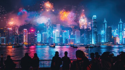 A shot of a city skyline lit up with vibrant colored lights and fireworks bursting in the background as a new year is welcomed.