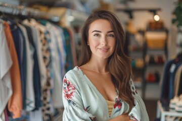 Smiling woman in a clothing store with clothing racks