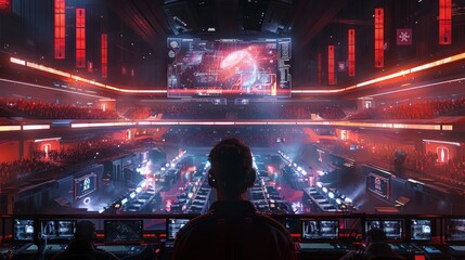 a tournament arena filled with futuristic game stations and large screens showing current matchups. Cheering and jeering were heard from the crowd. - obrazy, fototapety, plakaty