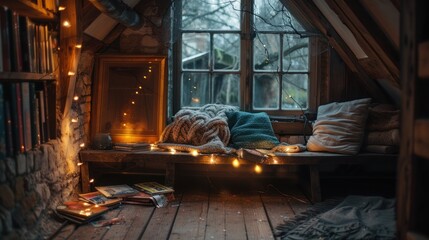 Cozy corner hidden in the attic Complete with a rustic wooden bench, fairy lights and a stack of magazines.