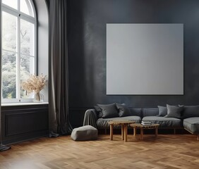 Frame Mockup in a Cozy dark living room interior background. Presented in 3D Render. Made with Generative AI Technology