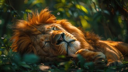 A wild lion, Panthera Leo, is laying down in the lush greenery of an African forest. - obrazy, fototapety, plakaty