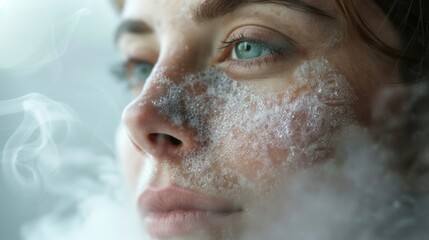 A womans face half covered in steam with a relaxed and rejuvenated expression as she indulges in a deep skincare treatment with a facial steamer.