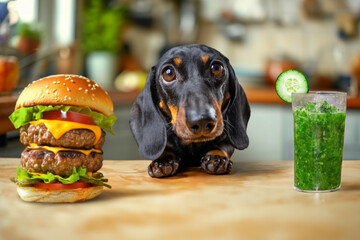 Hungry dachshund dog at the table chooses between fast food burger and freshly squeezed vegetable...
