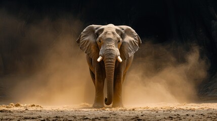 An Asian elephant stands in the center of a dusty enclosure, surrounded by dirt. The large mammal...