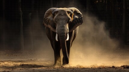 An Asian elephant stands in the center of a dusty enclosure, surrounded by dirt. The large mammal appears calm and observant, its trunk hanging loosely by its side. - obrazy, fototapety, plakaty