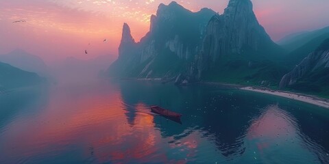 Mystical fjord landscape with pink skies reflected on the water and towering mountains enveloping a solitary boat - obrazy, fototapety, plakaty