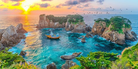 Panoramic view of a boat sailing near rocky islets with lush vegetation during a stunning ocean sunset - obrazy, fototapety, plakaty