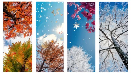 An artistic representation of seasonal changes viewed from under the tree canopies, each panel symbolizes a particular season with related elements