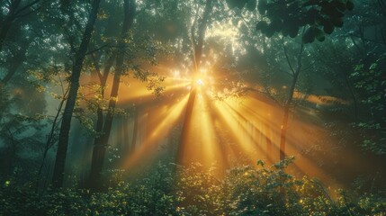 Magical beautiful sunrise in the forest The sun shines through the trees in the mist. The mysterious nature of the rainforest