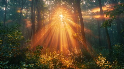 Magical beautiful sunrise in the forest The sun shines through the trees in the mist. The mysterious nature of the rainforest - obrazy, fototapety, plakaty