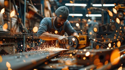 A craftsman uses a grinder to cut metal in a factory as sparks fly. - obrazy, fototapety, plakaty