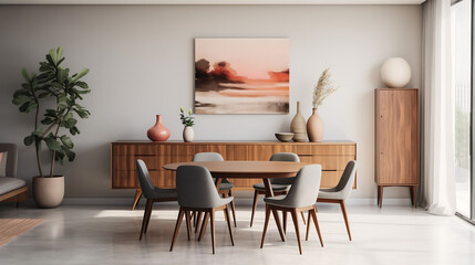Minimalist dining room table interior with wooden sideboard