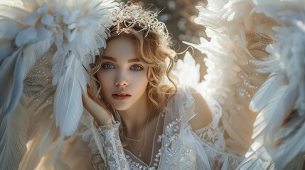 Fototapeta premium The woman is elegant in a white lace dress with tulle and feathers. Decorated with a crystal crown and angel wings. while exploring fairy tales