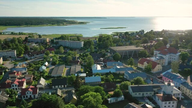 Aerial 4K video from drone to Haapsalu in the background the Baltic Sea coast. Haapsalu, Estonia, Baltic States, Europe