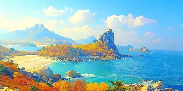 Bright and colorful painting of a rugged coastline with crystal blue waters under a clear sky