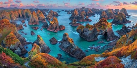 Panoramic landscape of colorful rocky islands with turquoise sea waters during autumn - obrazy, fototapety, plakaty