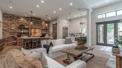 The mix of industrial and farmhouse elements in this home creates a comfortable yet elegant space. With brick walls accented with metal and warm wood tones