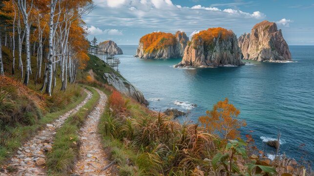 A winding trail by autumn-colored cliffs overlooking serene ocean coves with rocky outcrops