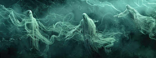 The ghostly figures seem to float and interact with each other