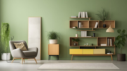 Reading room with minimalist chairs and bookshelves