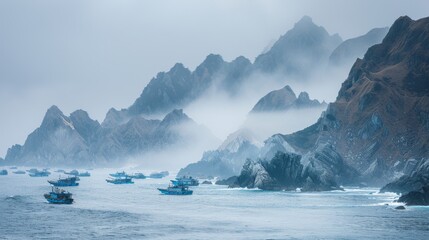 Mystical landscape of jagged peaks shrouded by rolling fog above the ocean, evoking a sense of isolation