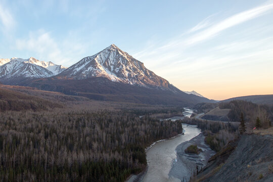 Matanuska River flowing  past Chugach Mountains near Palmer Alaska United States