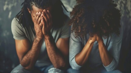 Two people sitting side by side one with their head in their hands and the other with a concerned expression offering comfort. This image represents the impact that mood disorders - obrazy, fototapety, plakaty