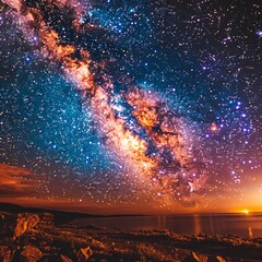 Milky Way over a tranquil earthscape, a vivid capture of the galaxy's core on a clear night, perfect for concepts of exploration and the majesty of the universe