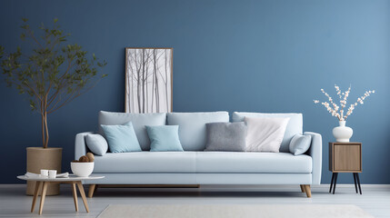 Fototapeta na wymiar Minimalist blue sofa interior with empty wall background