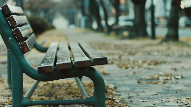 歩道沿いにある無人のベンチ。ローアングル