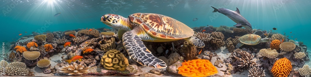 Wall mural Wide panoramic underwater scene with a sea turtle gliding over a coral reef, a stunning representation of oceanic life and the environment