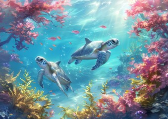 Digital painting of two sea turtles gliding through a coral-rich underwater garden, emphasizing the peaceful coexistence of marine species in their natural habitat