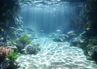 Tranquil underwater scene illustration of a sandy seabed with sunlight cascading down, highlighting the peaceful ambiance of an untouched oceanic environment - obrazy, fototapety, plakaty