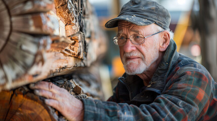 Obraz premium Elderly Man Inspecting Lumber