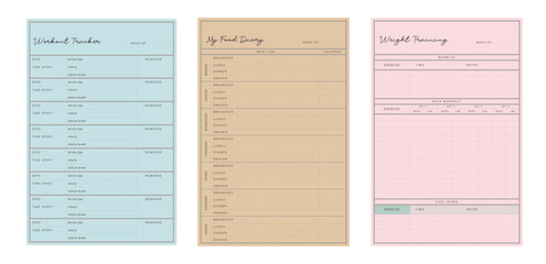 Set of Weight Training and my food diary and workout tracker planner. 