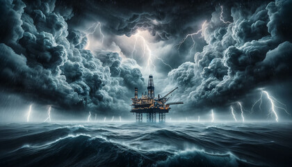 Dramatic image of an oil rig in a stormy sea under dark clouds and fierce lightning, with a mysterious light piercing the gloom. AI Generated.