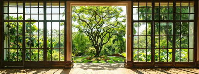 Tall windows overlooking a lush garden with a large tree standing proudly in the center