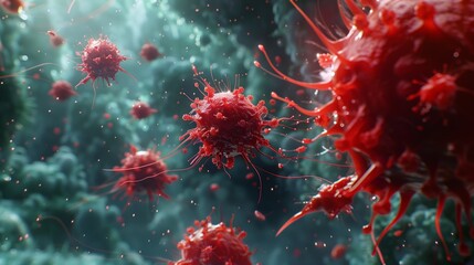 Conceptual depiction of immune cells releasing cytokines and antibodies to combat viral infections, showcasing immune defense mechanisms. Immunology concept - obrazy, fototapety, plakaty