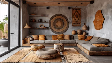 Plaid mouton avec motif Style bohème Ethnic style living room with bohemian decor