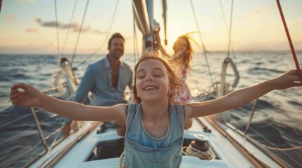 A young girl stands at the bow of a sailboat her arms spread wide as she closes her eyes and feels the cool breeze on her face. Her parents smile proudly from the back of - obrazy, fototapety, plakaty