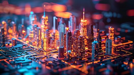 Abstract digital cityscape with skyscrapers and neon lights, representing urban development. Futuristic city concept. - obrazy, fototapety, plakaty