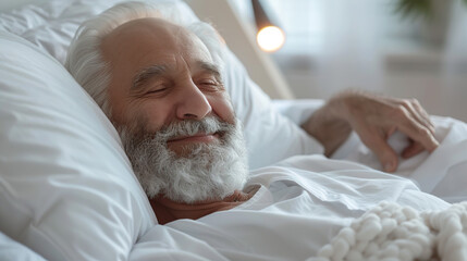 Happy senior man sleeping, taking a nap, smiling